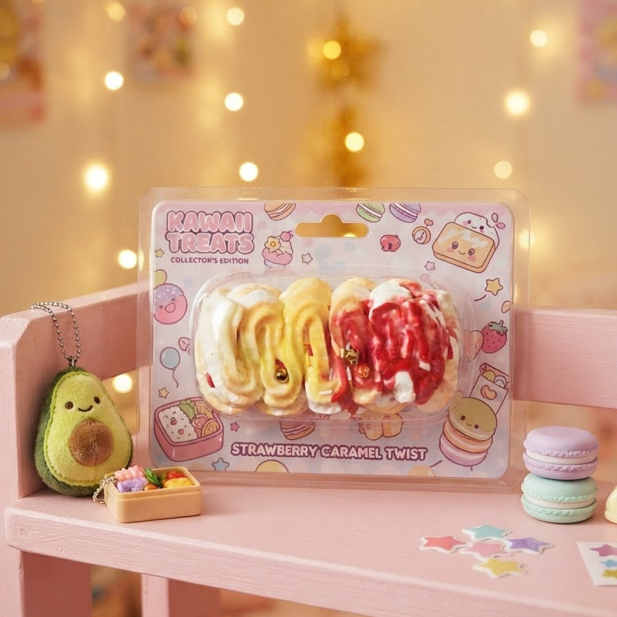 A packaged novelty item labeled 'Kamon Treats' showing a strawberry caramel twist sandwich, displayed on a pink shelf with warm string lights and small decorative props in the background.