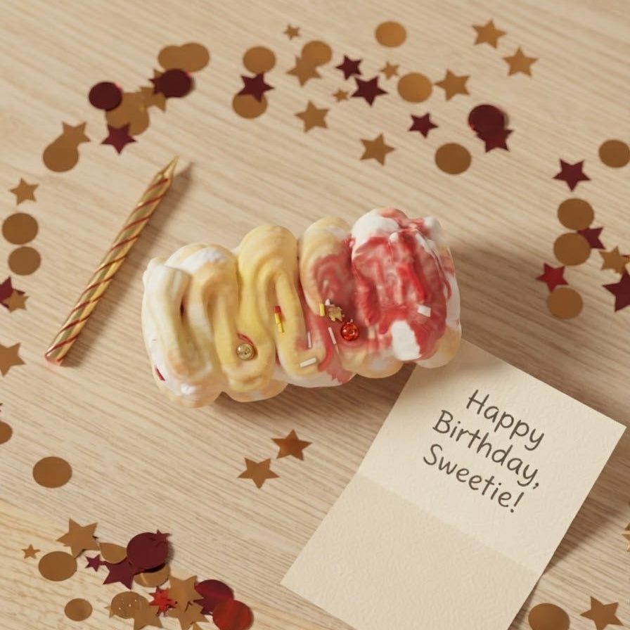 A novelty birthday cake topper shaped like a frosted pastry sits on a light wood surface with scattered gold and burgundy confetti, a gold candle, and a small note that reads 'Happy Birthday, Sweetie!'.