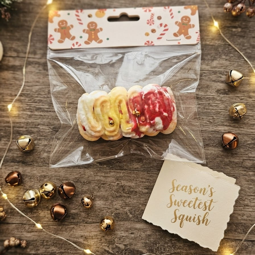 A packaged novelty squishy toy shaped like Christmas gingerbread cookies, displayed on a rustic wooden surface with holiday lights, bells, and a handwritten note reading 'Season's Sweetest Squish'.