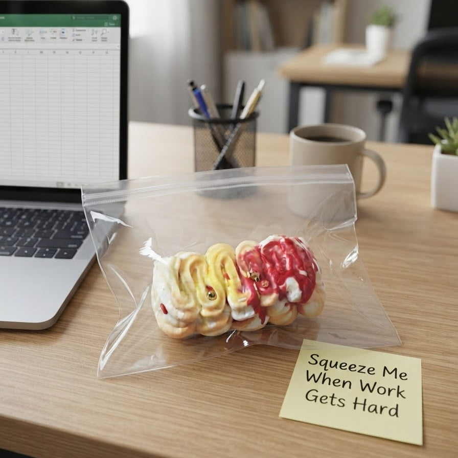 A clear plastic bag containing a novelty squishy toy shaped like a pastry, placed on a wooden desk next to a laptop, sticky note, and mug. The sticky note reads 'Squeeze Me When Work Gets Hard'.