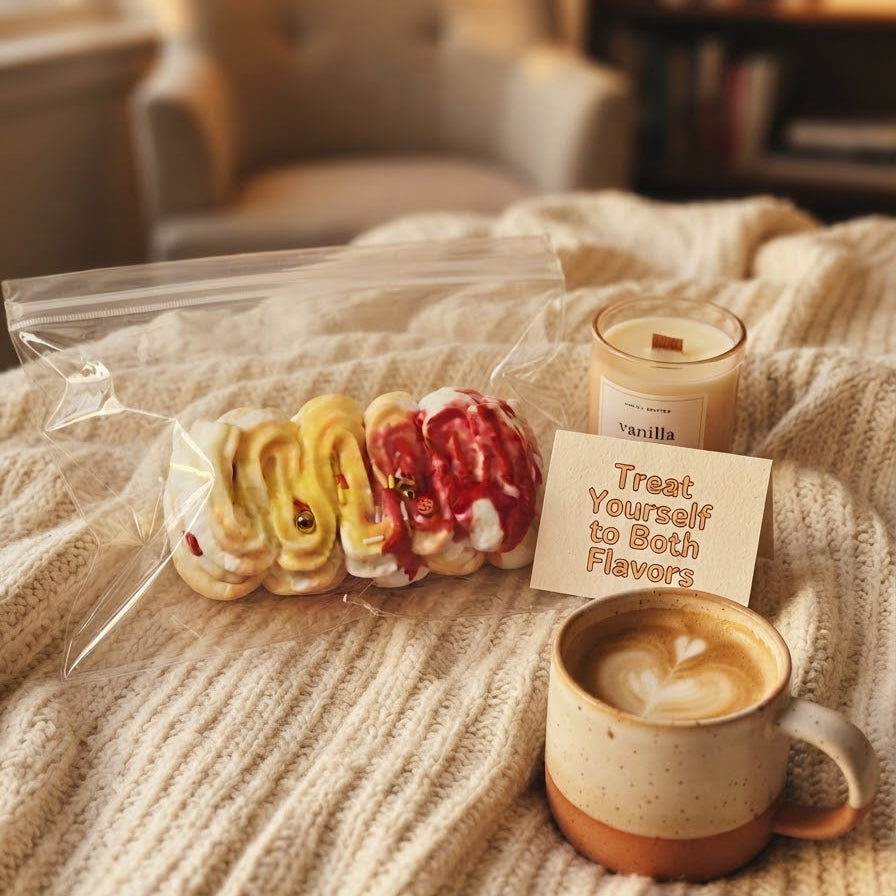 A cozy lifestyle scene on a cream knit blanket featuring a clear bag of two iced pastries (one vanilla cream, one red strawberry drizzle) next to a vanilla candle and a ceramic mug with latte art. A small card reads 'Treat Yourself to Both Flavors'.