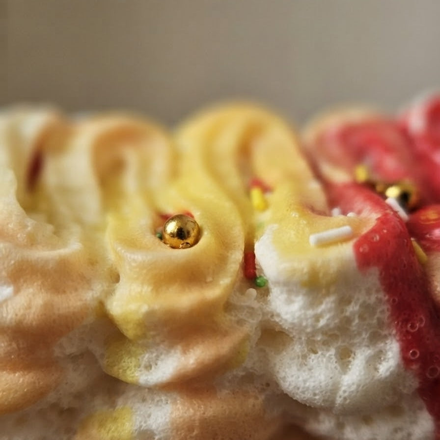 A close-up of a meringue-covered pastry or cake with yellow and white piped swirls, red filling, and small gold decorative beads.