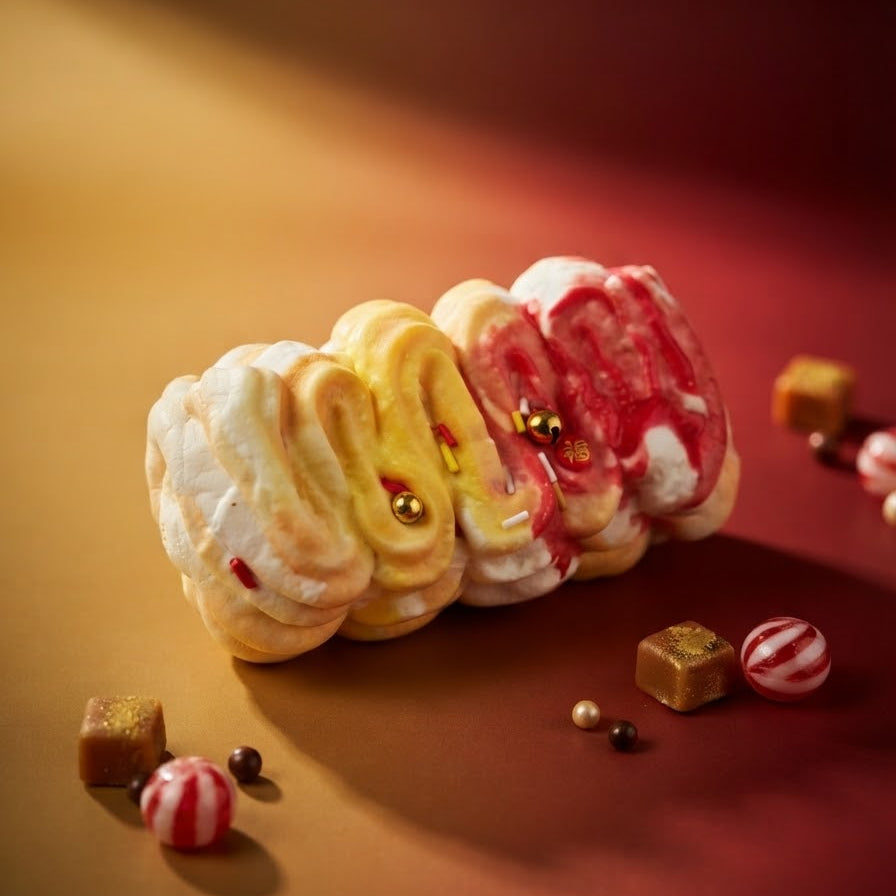 Three swirled pastry rolls with cream, yellow, and red frosting, decorated with small gold beads and drizzles, arranged on a warm gradient surface with scattered candy pieces.