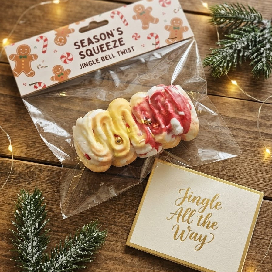 A packaged holiday treat set on a rustic wooden surface with fairy lights and evergreen sprigs. The main product is a clear bag containing three decorated jingle bells, with a header card reading 'Season's Squeeze Jingle Bell Twist.