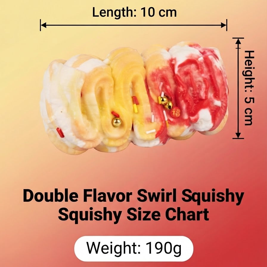 A product size chart graphic showing a double flavor swirl squishy toy with dimension markers indicating a length of 10 cm and height of 5 cm, plus a weight label of 190g, on a yellow-to-red gradient background.