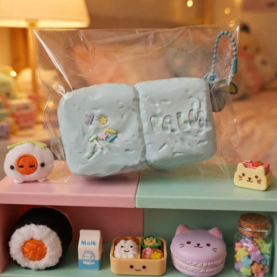 A light blue squishy plush wallet shaped like two marshmallows with 'merry' written on it, displayed inside a clear plastic bag on pastel shelves with small decorative toys and accessories in a cozy indoor setting.