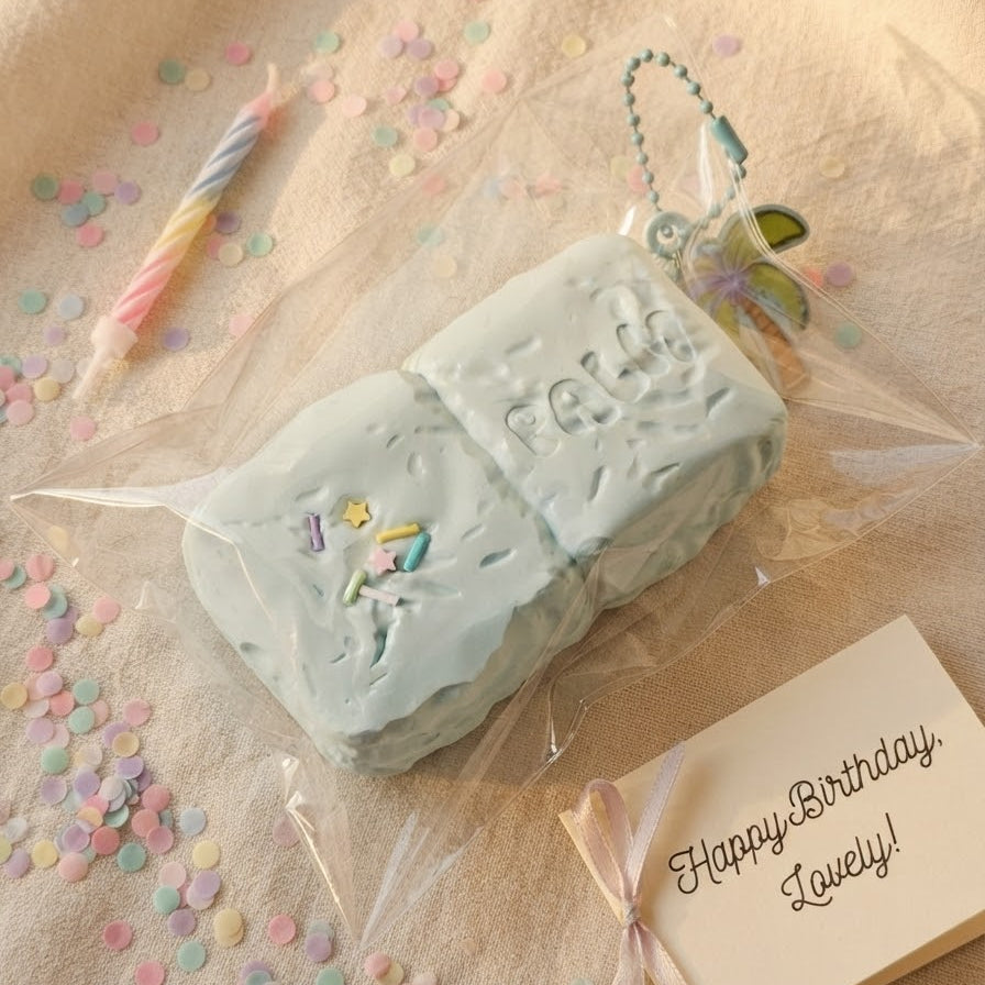 A pastel blue soap bar wrapped in clear cellophane packaging, placed on a beige fabric surface with pastel confetti, a birthday candle, and a small card that reads 'Happy Birthday, Lovely!'.