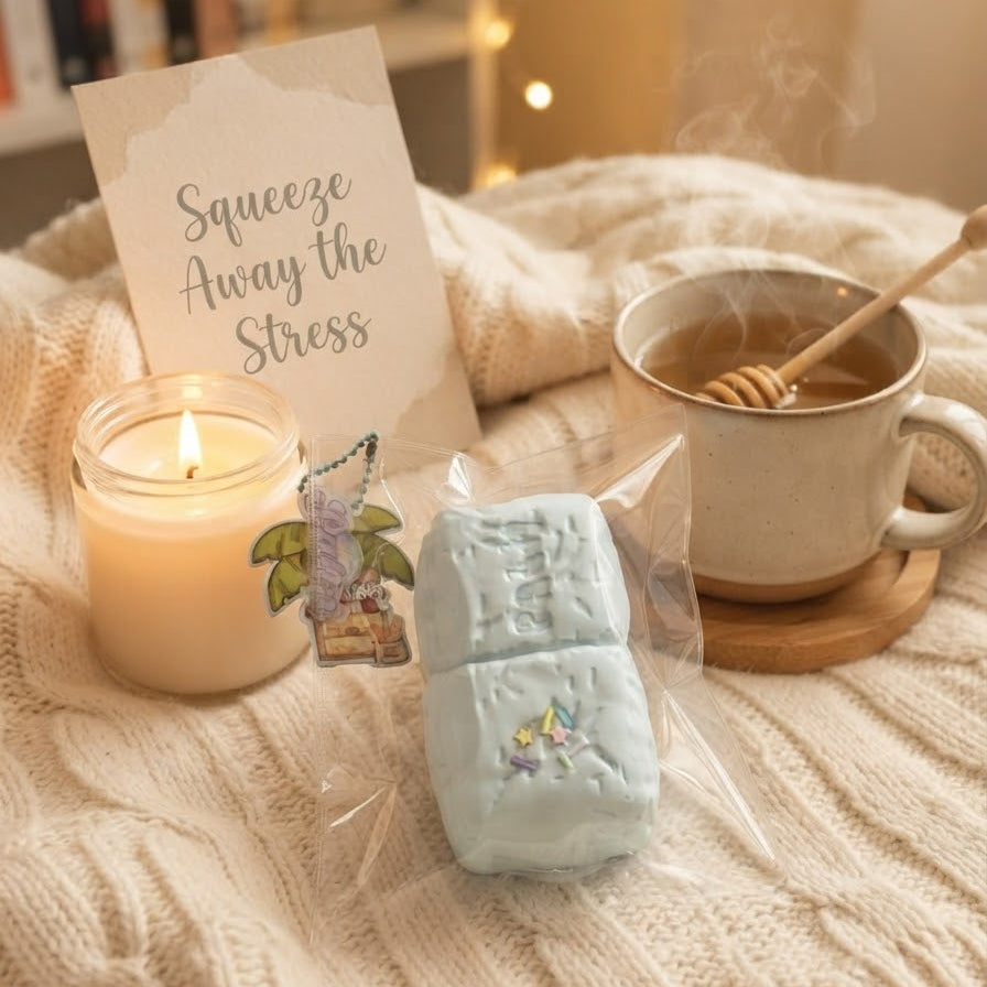 A packaged light blue rectangular stress-relief toy with embossed Chinese characters sits on a cream cable-knit blanket, styled with a lit candle, a card reading 'Squeeze Away the Stress,' and a mug of hot drink with a wooden honey dipper.