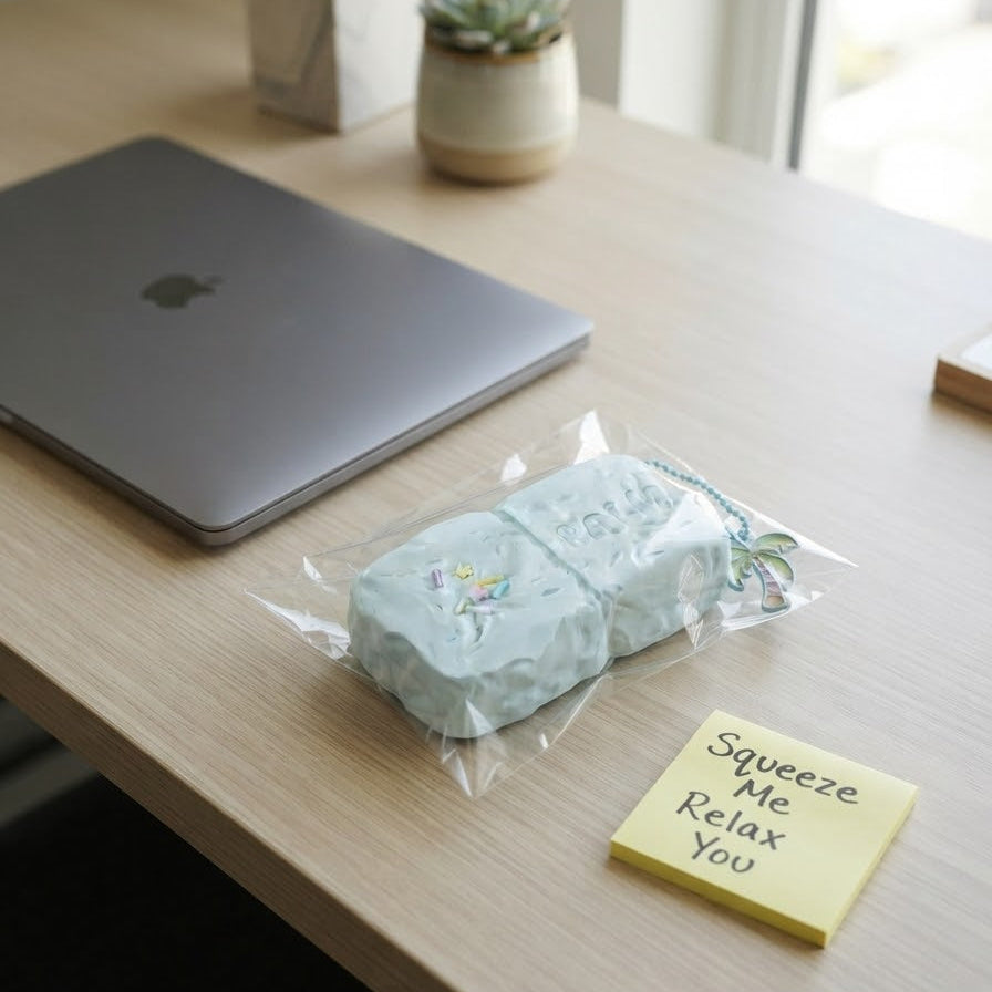 A packaged light blue squishy stress toy with a small floral design and a keychain loop, resting on a light wood desk next to a yellow sticky note that says 'Squeeze Me Relax You'. A closed silver laptop and a small potted succulent are visible in the background.