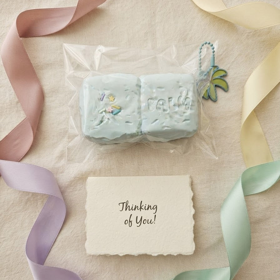 A packaged pastel blue soap bar with a small hanging palm tree charm, arranged on a cream fabric surface with ribbon loops and a small note that reads 'Thinking of You!'.