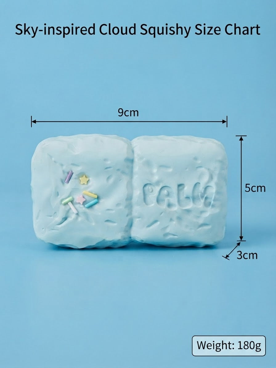 A light blue cloud-shaped squishy toy with dimension labels showing 9cm width, 5cm height, and 3cm depth, plus a weight label reading 180g, on a solid blue background.