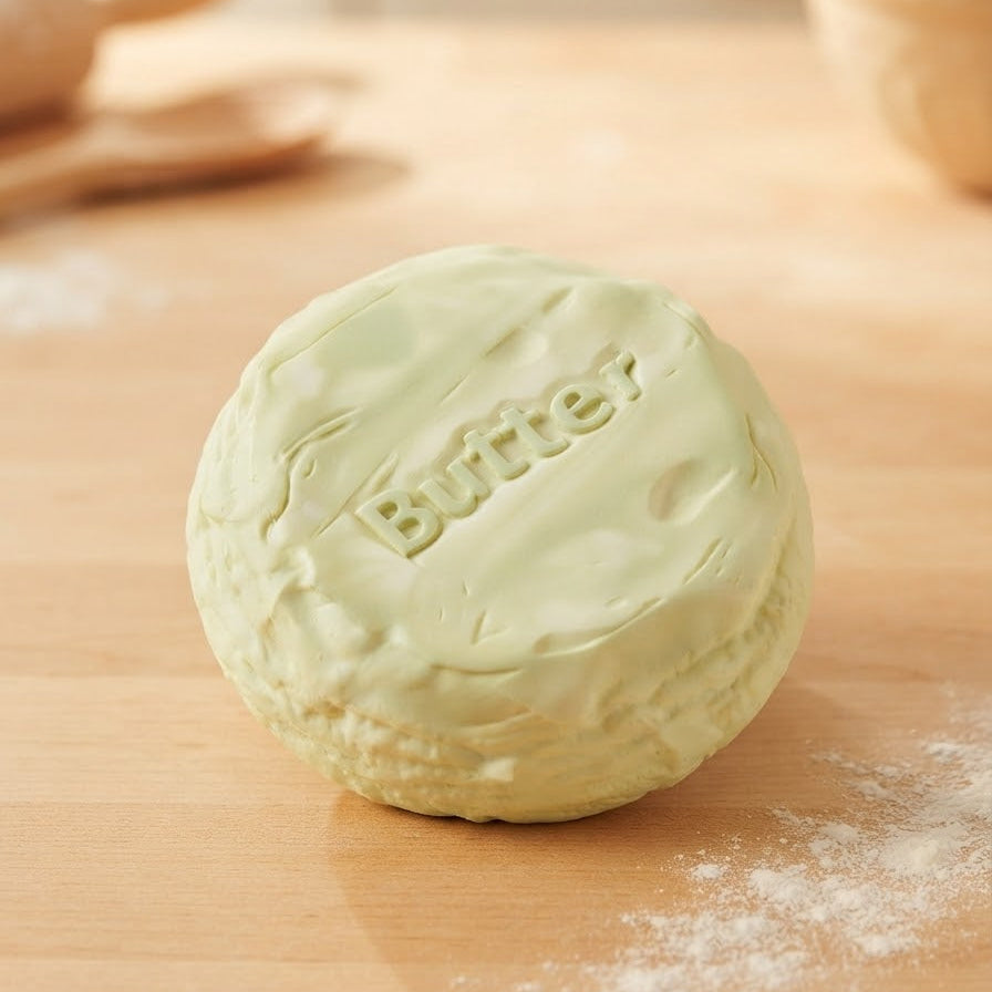 A pale yellow-green round bar of soap embossed with the word 'Butter' on the top, resting on a light wooden surface with scattered white flour dust.
