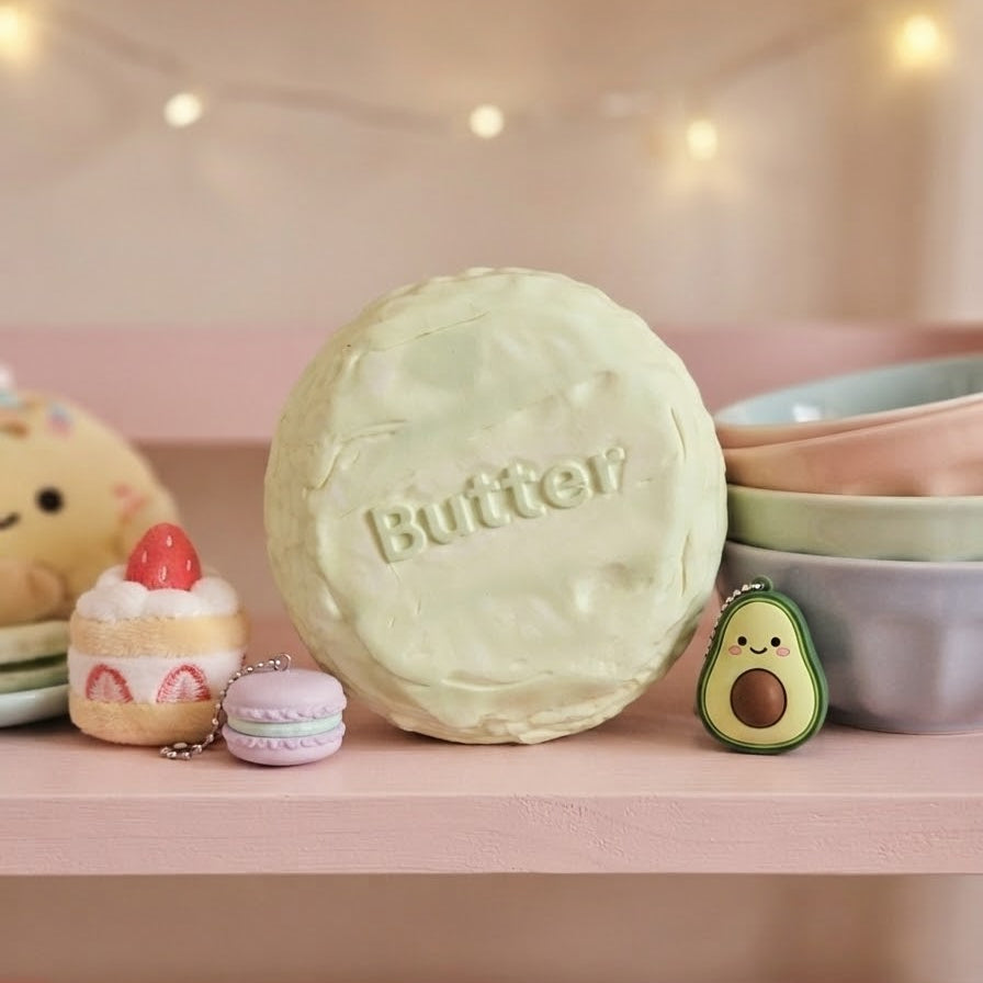 A round, pale yellow-green novelty item embossed with the word 'Butter' sits on a pink shelf, surrounded by small pastel macarons, a mini cake, an avocado keychain, and pastel bowls under warm string lights.