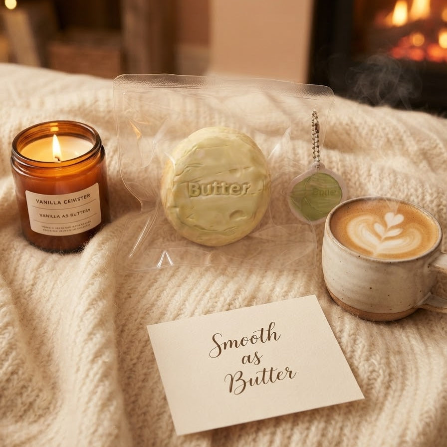A packaged butter soap bar labeled 'Butter' sits on a cream knit blanket beside a lit amber candle, a small keychain, and a cup of latte with leaf latte art. A card reads 'Smooth as Butter.