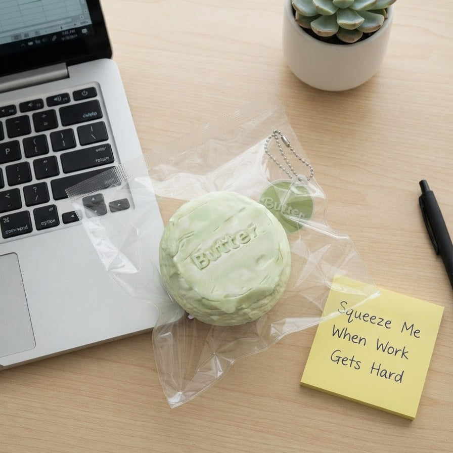 A light green squishy toy shaped like a butter cookie, still in its clear plastic packaging, displayed on a light wood desk next to a laptop, a small potted succulent, a black pen, and a yellow sticky note that reads 'Squeeze Me When Work Gets Hard'.