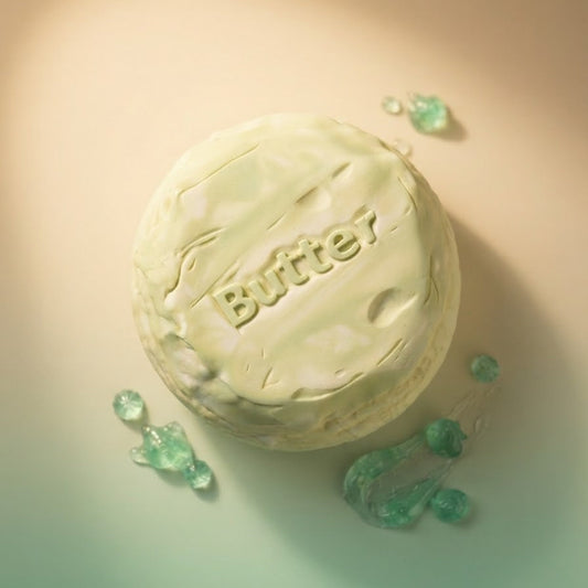 A round, off-white bar of soap with the brand name 'Butter7' embossed on top, styled on a warm beige background with green translucent decorative droplets.