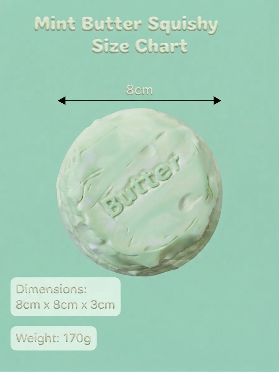 Mint Butter Squishy size chart graphic on a light mint green background, showing a round squishy with the word 'Butter' embossed on top, an 8cm width measurement arrow, dimensions of 8cm x 8cm x 3cm, and a weight of 170g.
