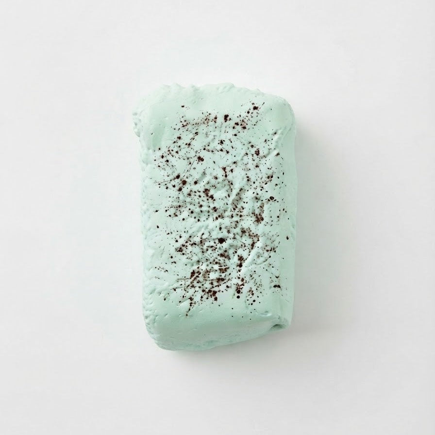 A rectangular mint green bath bomb with dark brown speckles, photographed from directly above on a clean white background.