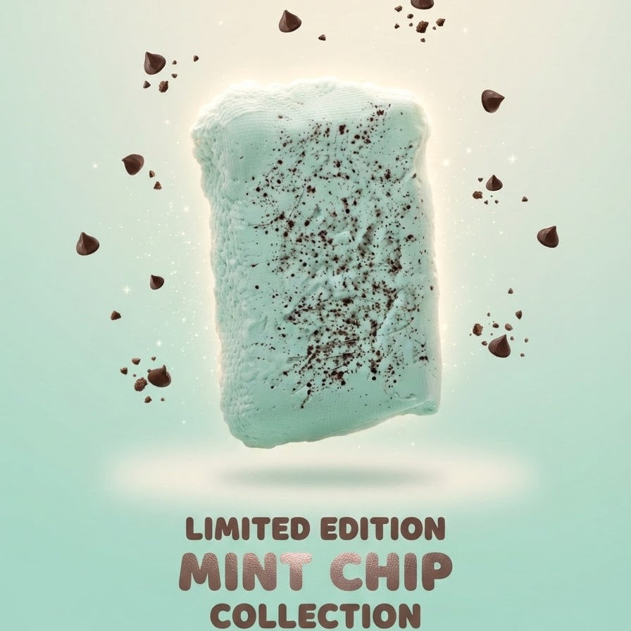 A mint chip-shaped product centered on a pale mint-green background with floating chocolate chips and the text 'LIMITED EDITION MINT CHIP COLLECTION' below it.
