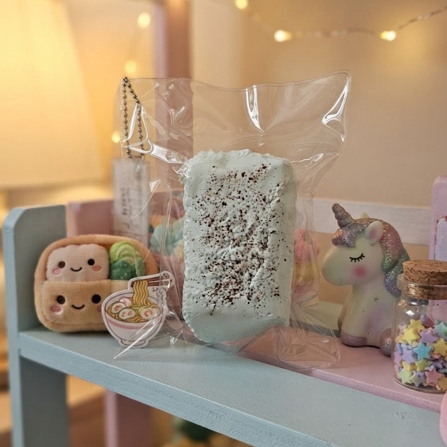 A packaged squishy toy with a pale mint-green body and dark sprinkles, displayed on a pastel shelf alongside a small unicorn figurine and other cute accessories.