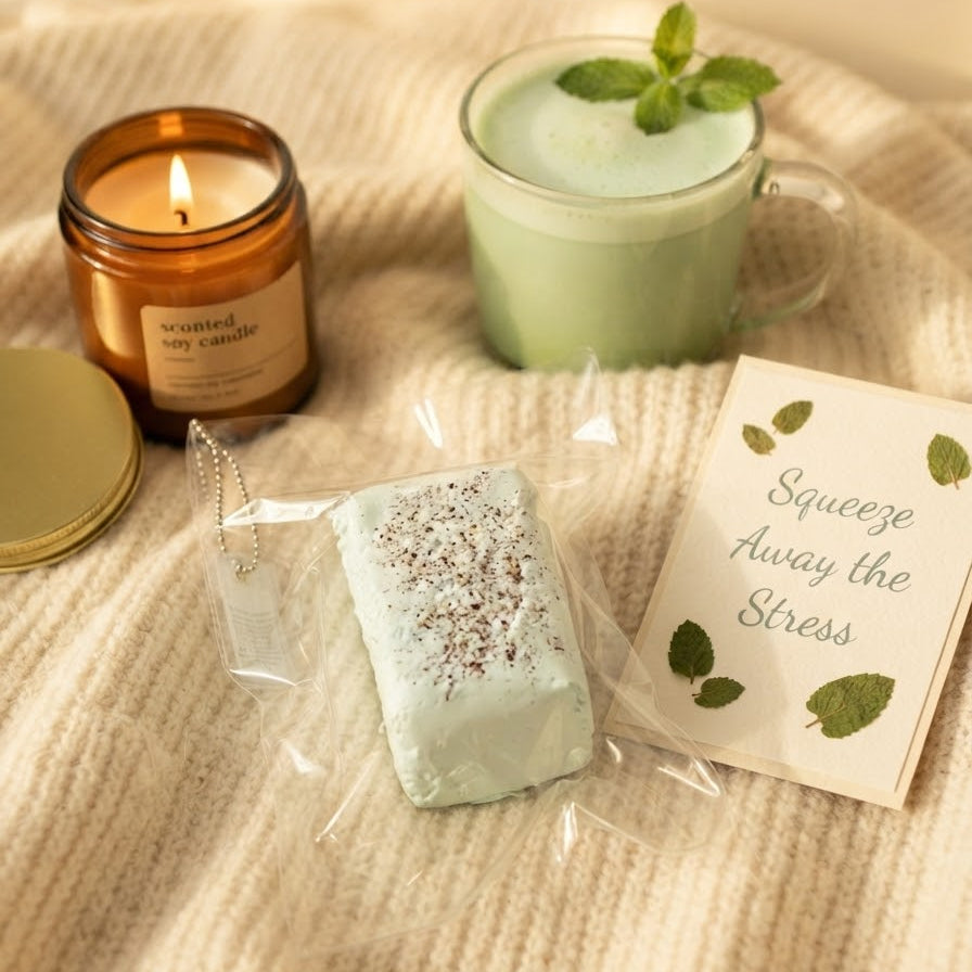 A styled product scene on a cream knit blanket featuring a wrapped pale mint green rectangular item with a sprinkle topping, a lit amber candle jar with its lid beside it, a frosted mint green mug with mint leaves, and a card that reads 'Squeeze Away the Stress'.