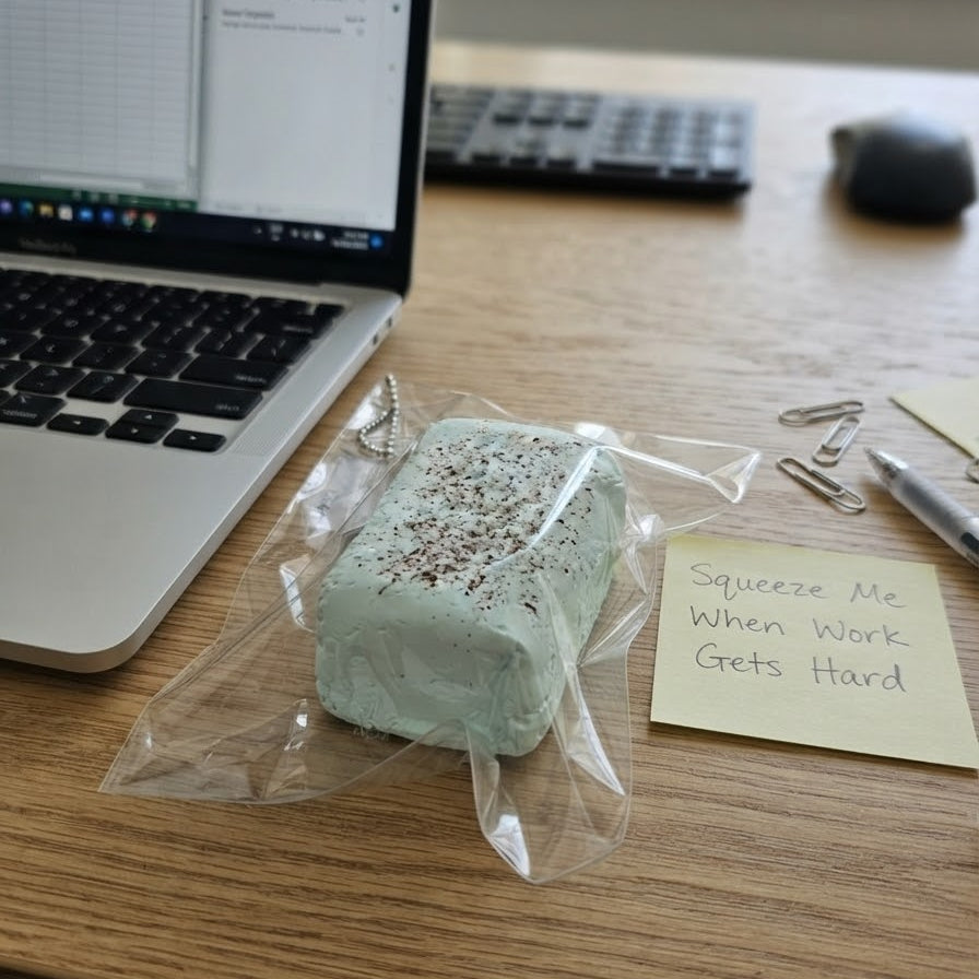 A packaged squishy stress relief toy sits on a wooden desk next to a laptop, a sticky note that reads 'Squeeze Me When Work Gets Hard', and office accessories.