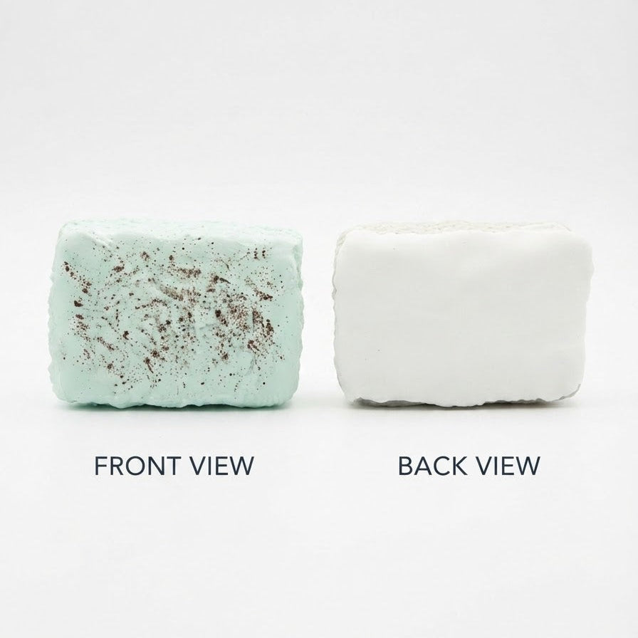 Two rectangular textured items shown side by side on a white background, labeled FRONT VIEW and BACK VIEW. The left item is pale mint green with dark speckling, and the right item is white.