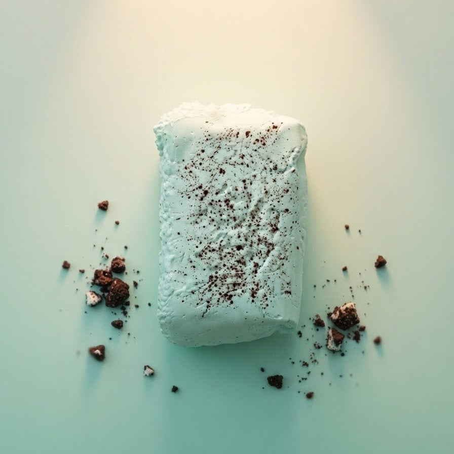 A rectangular bar of pale mint soap or shampoo, lightly dusted with brown cocoa powder, is centered on a smooth light teal surface with scattered cocoa crumbs around it under a soft spotlight.