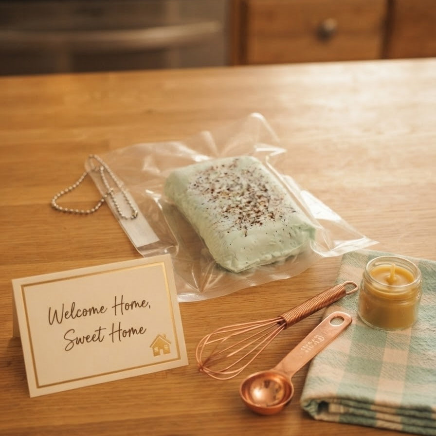 A packaged mint green soap bar with dried botanicals on top, displayed on a wooden countertop with a 'Welcome Home, Sweet Home' card, copper measuring spoons and whisk, a checkered cloth, and a small candle.