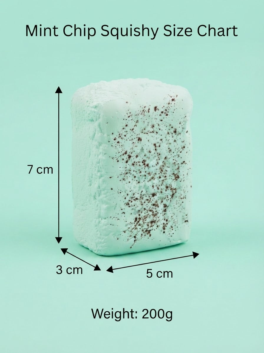 Mint chip squishy size chart showing a rectangular mint green bath bomb with brown speckles, labeled with dimensions of 7 cm height, 3 cm width, and 5 cm depth, and a weight of 200g on a solid mint green background.