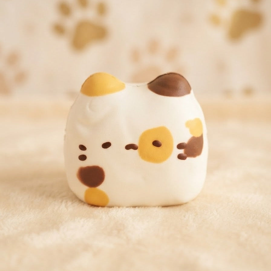 A cute, rounded white cat-shaped squishy toy with yellow and brown paw-print details, resting on a soft beige surface with a matching paw-print patterned background.