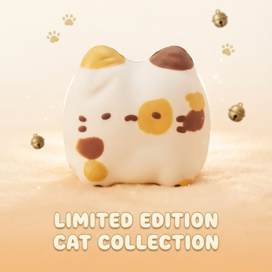 A cute white cat-shaped collectible figure with yellow and brown spots, shown on a warm beige background with paw prints, small bells, and the text 'LIMITED EDITION CAT COLLECTION' at the bottom.