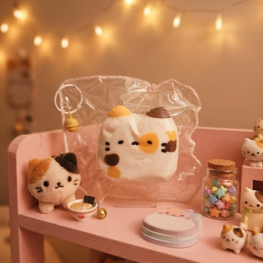 A cute white cat-shaped squishy toy with yellow and brown accents, wrapped in clear plastic and displayed on a pink shelf alongside other small cat-themed accessories in a warm, cozy setting with string lights.