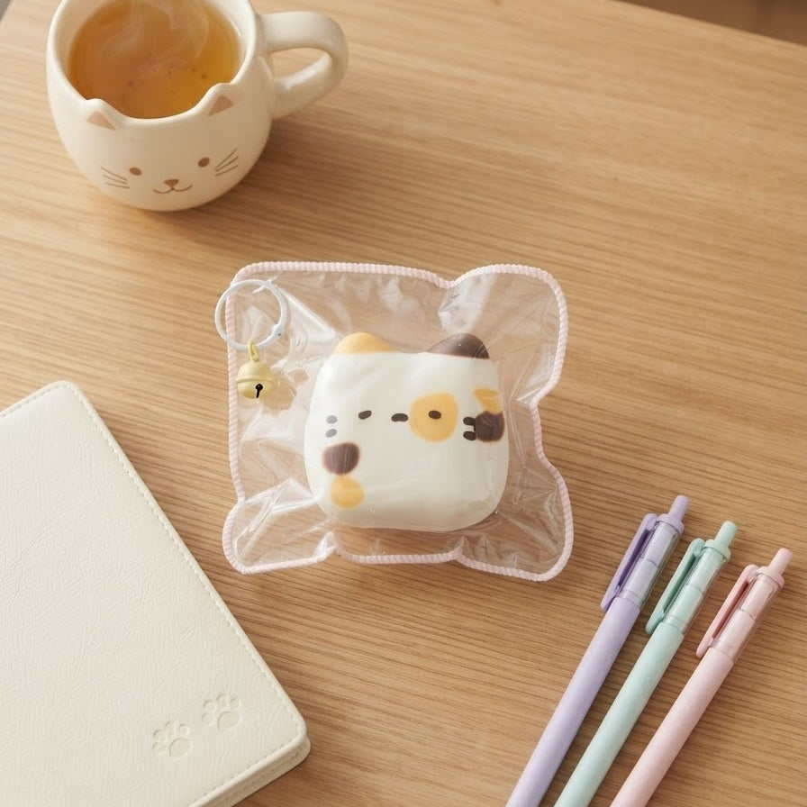 A cute white cat-shaped earbud case with a yellow and brown face, enclosed in a clear plastic bag, displayed on a light wooden table next to a white notebook, a cup of tea, and three pastel pens.