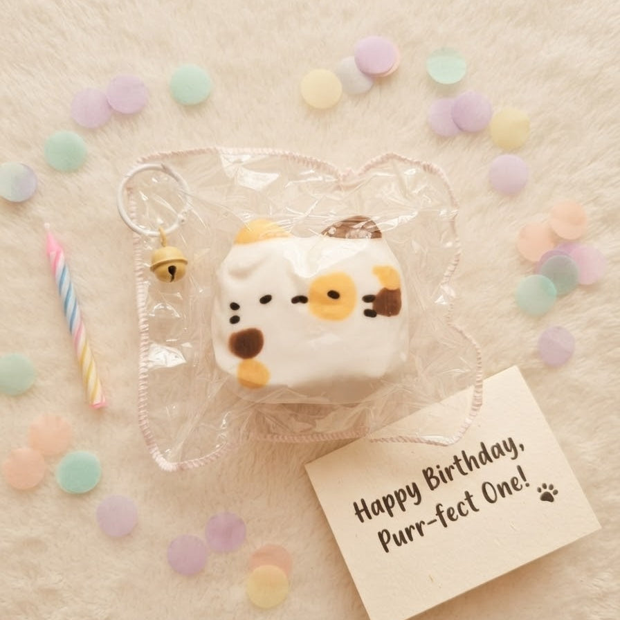 A cute white cat-shaped squishy toy with yellow and brown accents, packaged in a clear plastic bag with a keychain ring. It is displayed on a soft cream-colored faux fur surface, surrounded by pastel confetti, a pink and yellow striped birthday candle, and a small card that reads 'Happy Birthday, Purr-feet One!'.