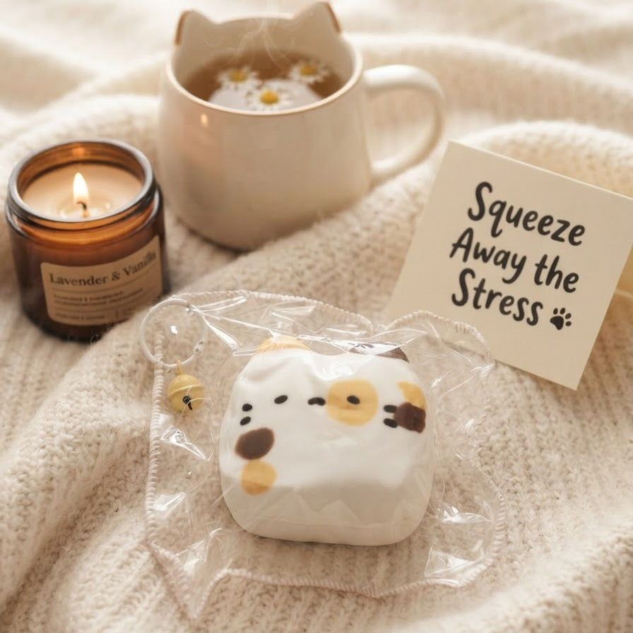 A cute white plush squishy toy with a cartoon cat face, packaged in a clear plastic sleeve, displayed on a cozy cream knit blanket alongside a lit candle, a cat-ear mug, and a handwritten note that reads 'Squeeze Away the Stress'.