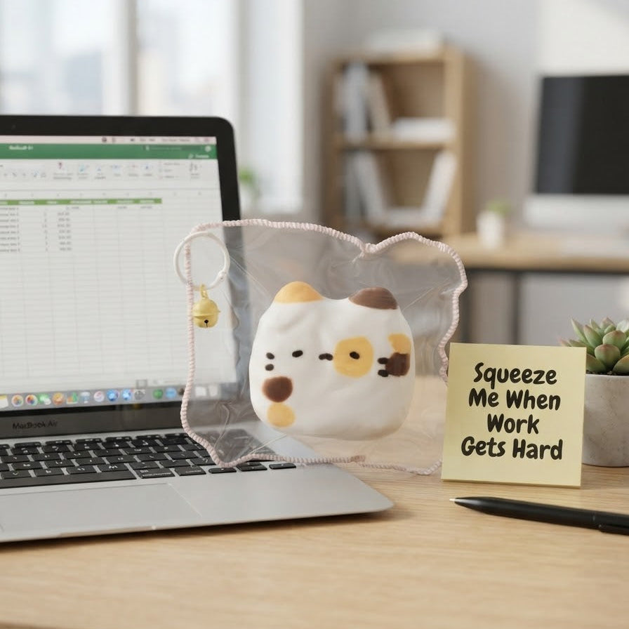 A cute white cat-shaped squishy stress ball with yellow and brown accents, resting inside a clear plastic bag on a wooden desk next to a laptop and a sticky note that reads 'Squeeze Me When Work Gets Hard'.
