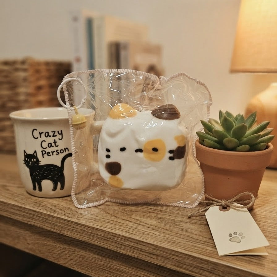 A ceramic cat-shaped jar in clear plastic packaging sits on a wooden table beside a white mug with a black cat graphic and the text 'Crazy Cat Person,' next to a small potted succulent and a paper tag.