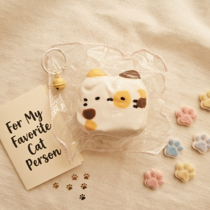 A cute white cat-shaped squishy keychain with yellow and brown accents, wrapped in a clear plastic bag with a heart-shaped outline. A small card reading 'For My Favorite Cat Person' is placed beside it on a soft beige fabric, with small paw print decorations scattered around.