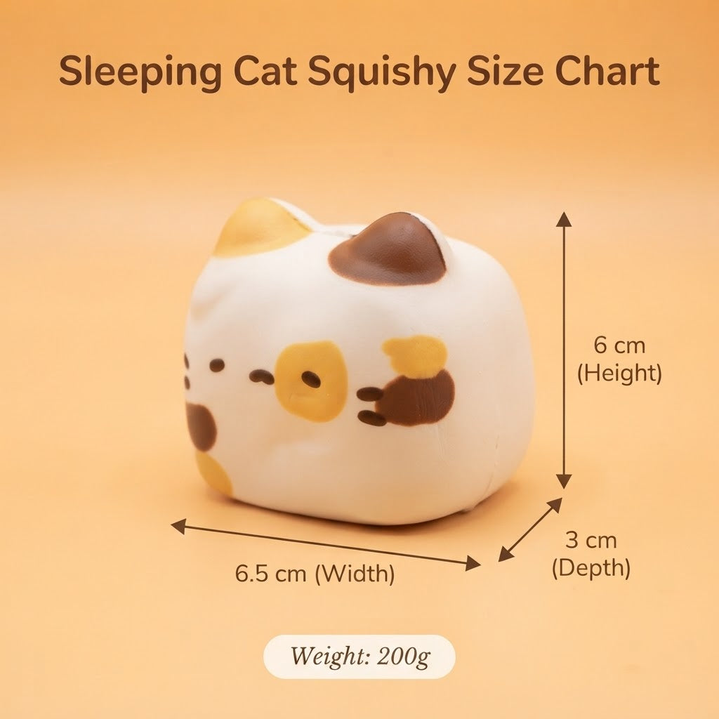 A sleeping cat-shaped squishy with dimension arrows and text showing its size: 6 cm height, 6.5 cm width, 3 cm depth, and weight 200g, on a peach background.