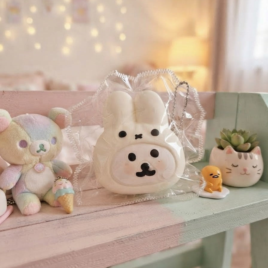 A white plush bunny squishy toy with a black face, wrapped in clear cellophane and hanging from a clear drawstring bag, displayed on a pastel pink wooden shelf alongside other cute plush toys and a small succulent.