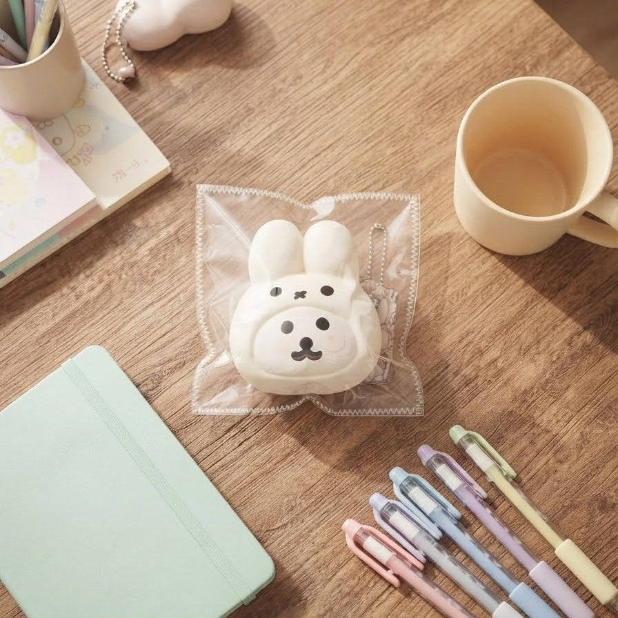 A cute white bunny-shaped squishy toy in a clear plastic bag, styled on a wooden desk with a mint green notebook, pastel pens, a cream mug, and other stationery.