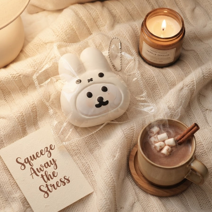 A white bunny-shaped squishy stress toy with a black face and keychain loop, styled on a cream knit blanket with a lit candle, a mug of hot cocoa, and a card that reads 'Squeeze Away the Stress'.
