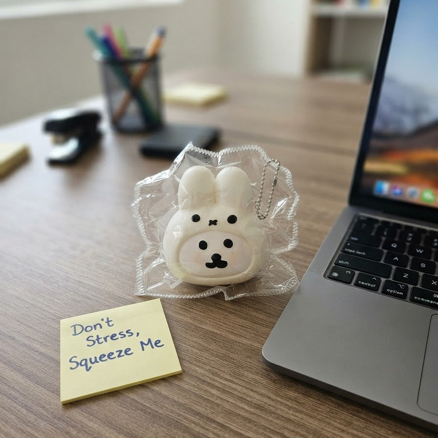 A small white bunny-shaped squishy stress toy with a clear mesh bow and keychain loop sits on a wooden desk next to a laptop, a yellow sticky note that reads 'Don't Stress, Squeeze Me', and office supplies in the background.