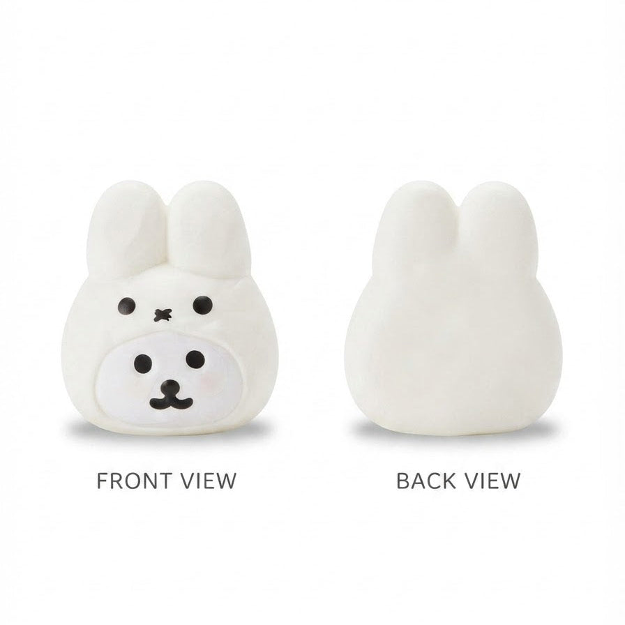 A white bunny-shaped squishy toy shown from the front and back on a clean white background, with text labels reading 'FRONT VIEW' and 'BACK VIEW'.