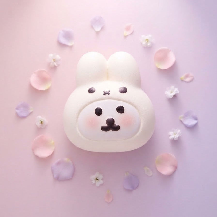 A cute, rounded white bunny-shaped hair dryer or lamp with a black face, styled on a pastel pink background with scattered pink petals and small white flowers.