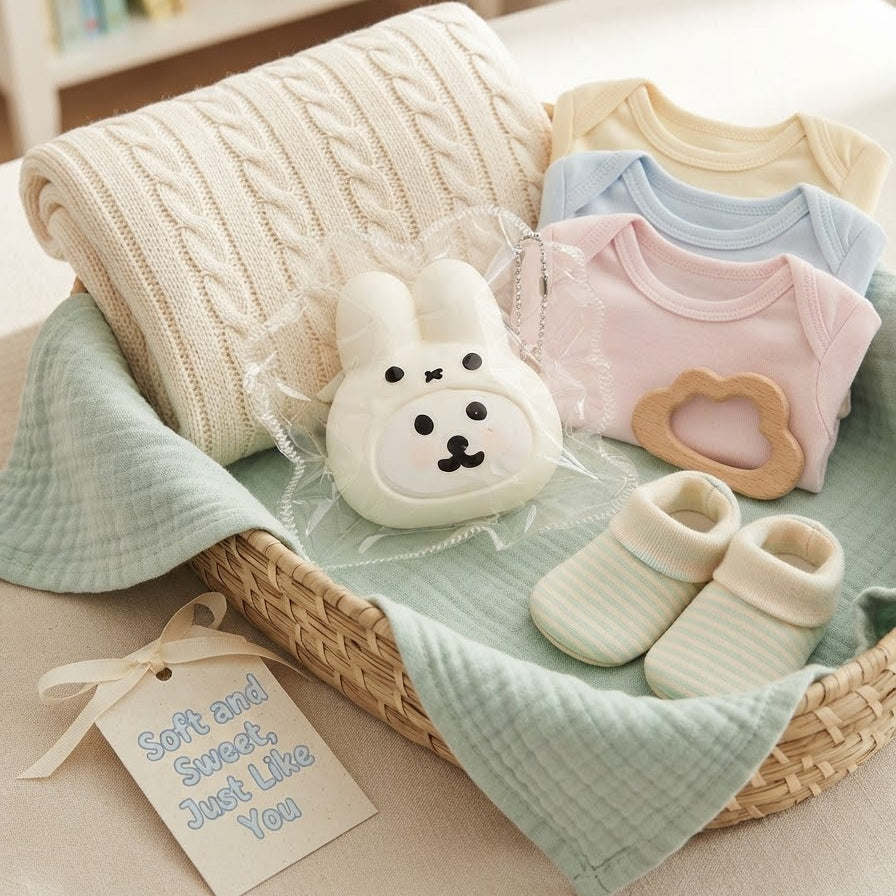 A baby gift basket arrangement on a bed, featuring a cream knit blanket, folded pastel baby tops in yellow, blue, and pink, a white bunny-shaped pacifier clip, a small wooden teething ring, a pair of cream and mint booties, and a gift tag that reads 'Soft and Sweet, Just Like You.'.