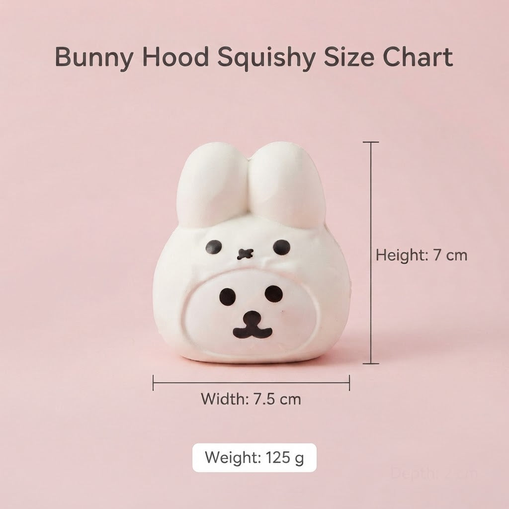 A white bunny-shaped squishy toy centered on a soft pink background, with text showing its dimensions: height 7 cm, width 7.5 cm, and weight 125 g.