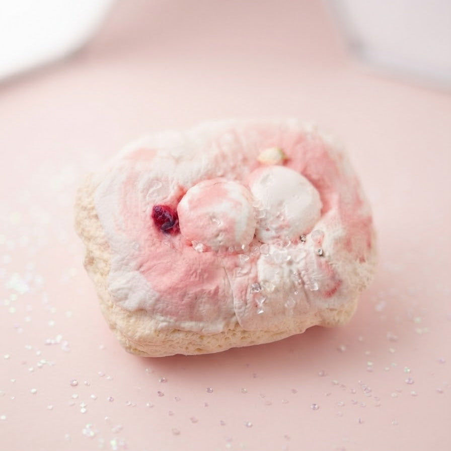 A pink and white marshmallow-themed pastry or cookie with white sprinkles and a small red berry, set on a light pink background with scattered sugar crystals.