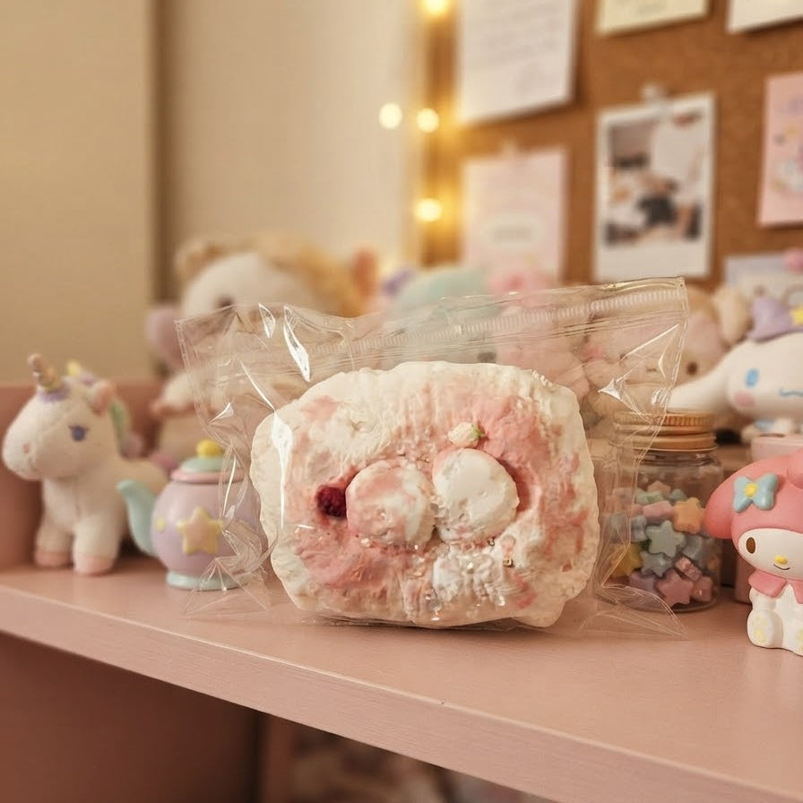 A pink and white textured squishy toy with a small red accent, sealed in a clear plastic bag and displayed on a pink shelf among cute plush toys and accessories.